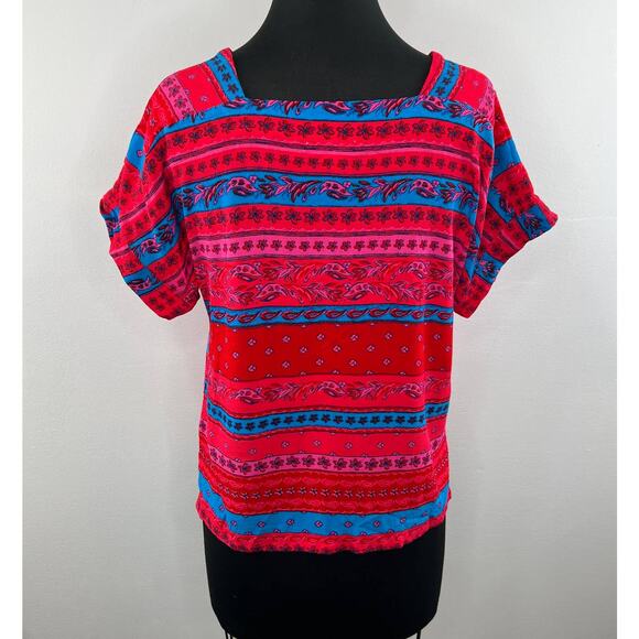 Finn & Grace Jersey Pink Red Blue Boho Patchwork Printed Short Sleeve Blouse 8 - Picture 4 of 6